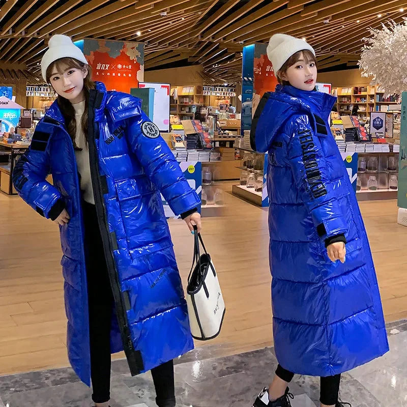 Doudoune longue brillante à capuche pour femme, coloris varié