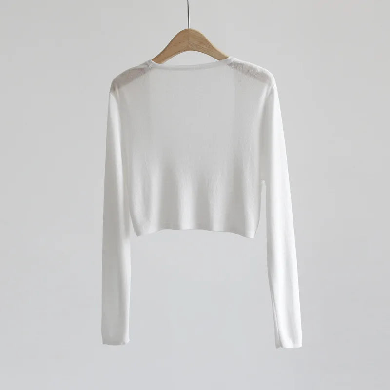 Gilet bolero corto da donna, leggero, tinta unita, aperto, a maniche lunghe