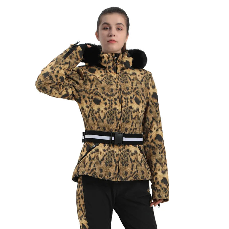 Veste de Ski Femme Motif Pied-de-Poule Noir et Beige avec Capuche et Ceinture