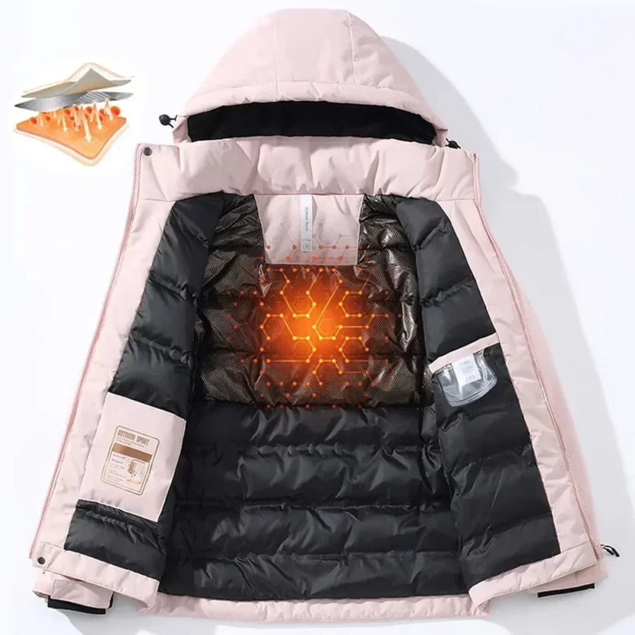 Unisex quilted hooded puffer jacket, windproof and waterproof, for outdoor use