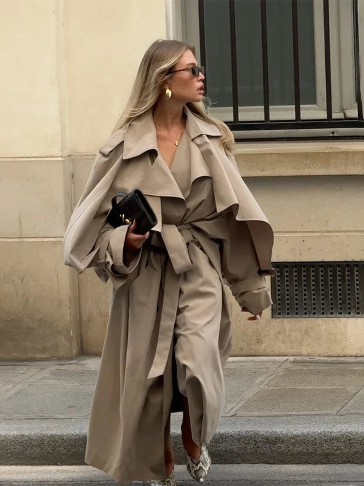 Trench-coat ample pour femme, long ou court, avec ceinture et col montant