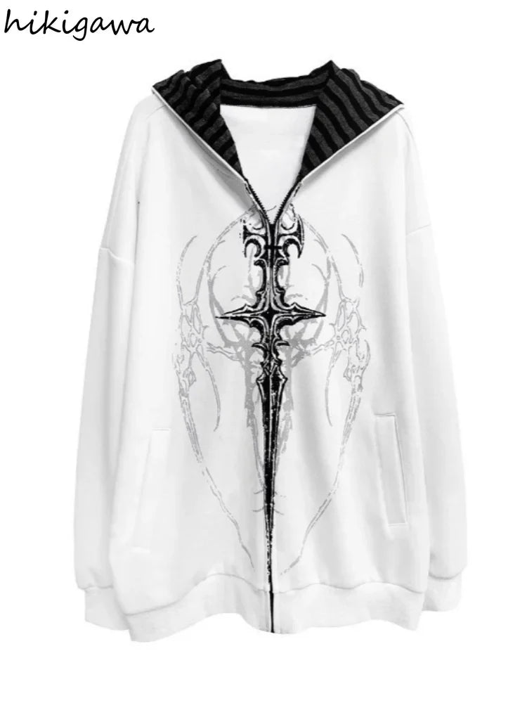 Felpa oversize nera con cappuccio, zip e stampa gotica