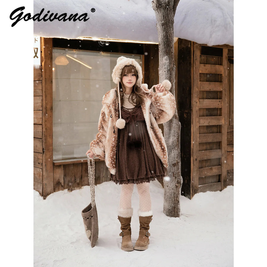 Women's Beige and White Deer-Print Faux Fur Hooded Coat