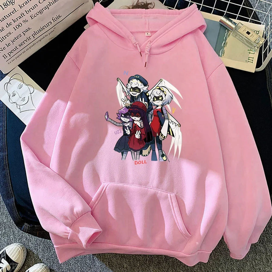 Felpa con cappuccio unisex con stampa anime, tasca a marsupio e coulisse