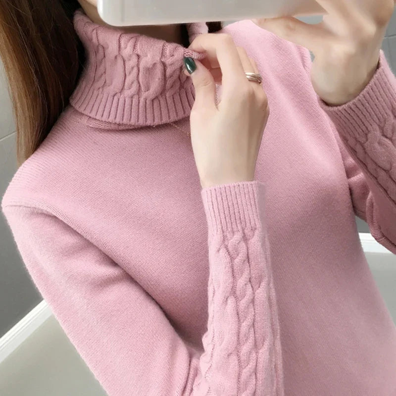 Women's light gray twisted ribbed-knit turtleneck sweater