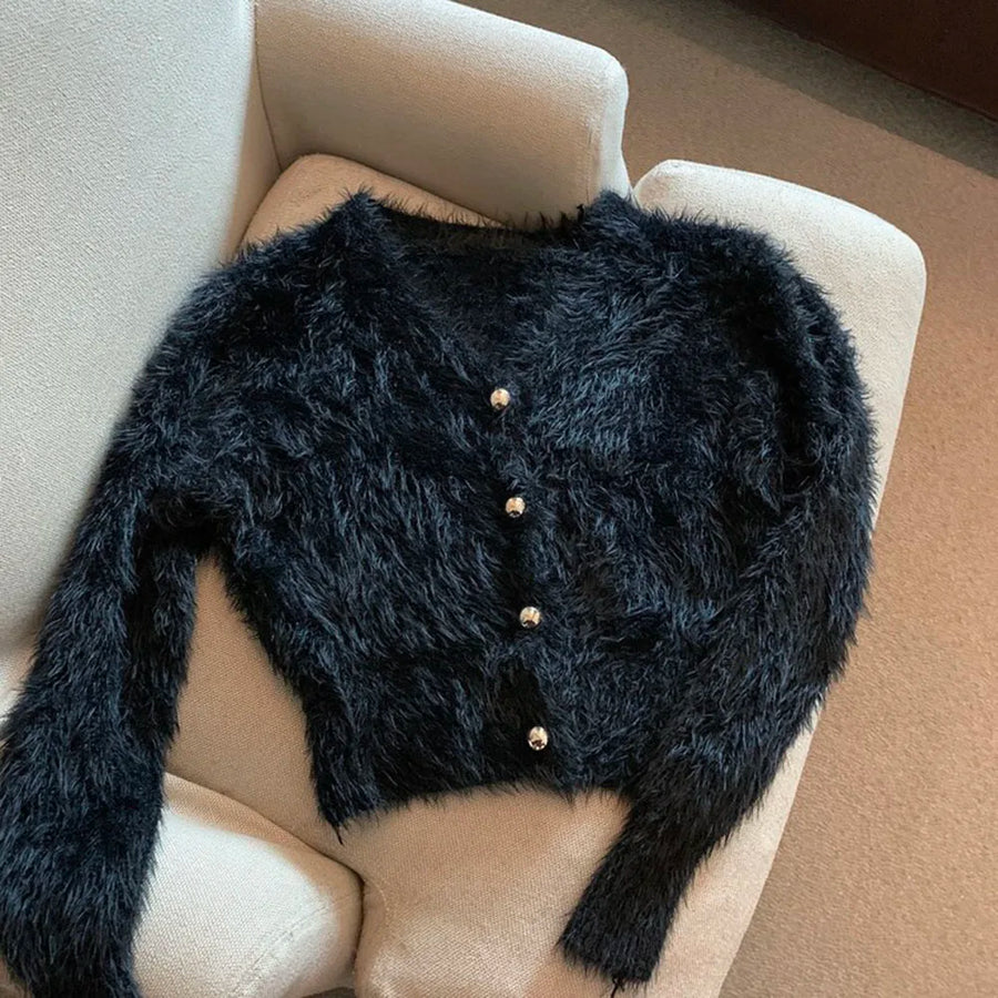 Cardigan court femme en matière duveteuse à col V, boutons dorés
