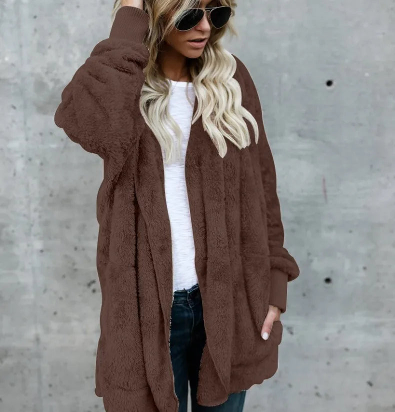 Gilet long femme doux à capuche uni avec poches