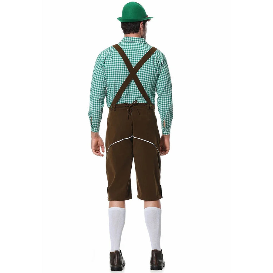 Completo da uomo in pelle con pantaloni corti tradizionali verdi a quadri e marroni ricamati oppure neri ricamati