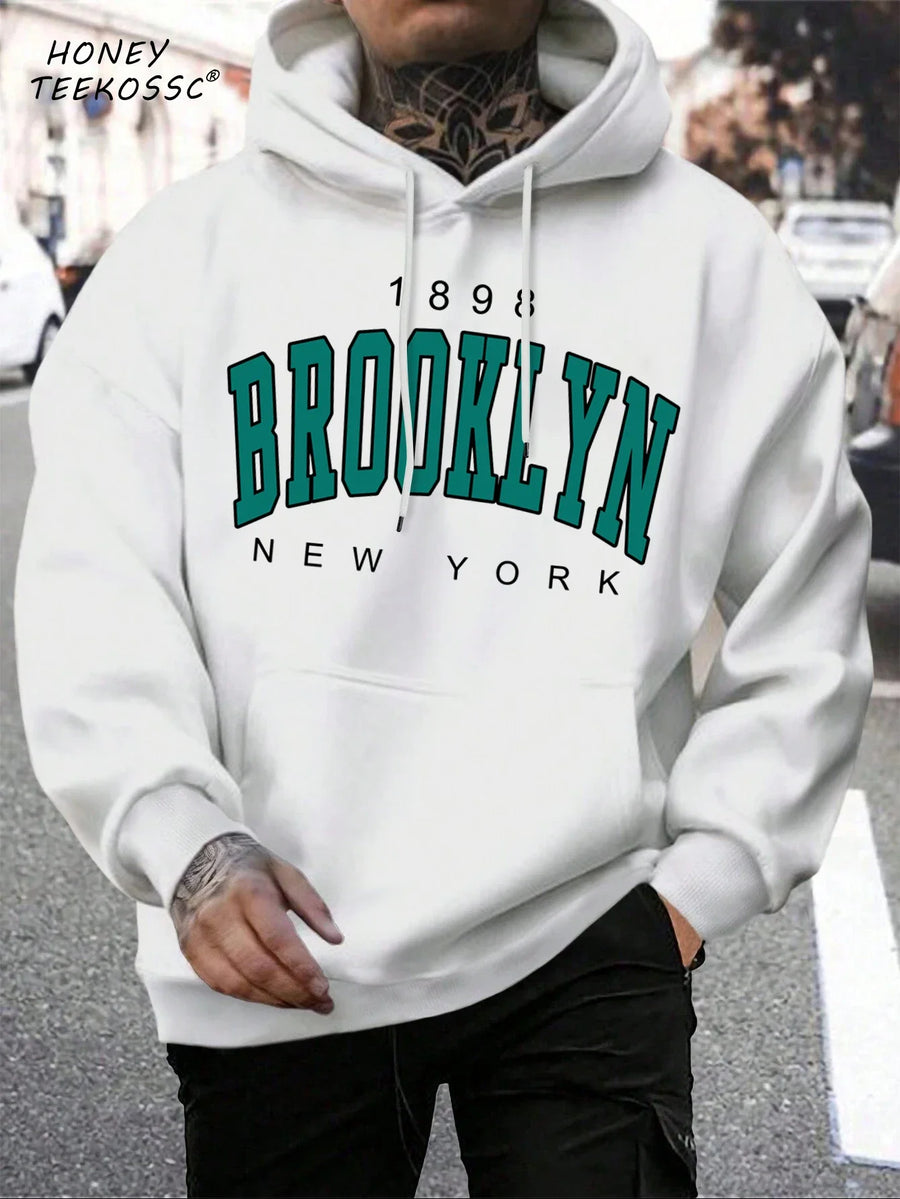 Unisex hættetrøje med New York Brooklyn-basketballprint og kængurulomme