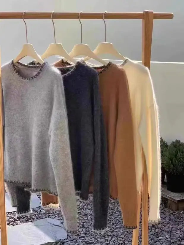 Jersey acogedor de cuello redondo y manga larga para mujer, gris claro