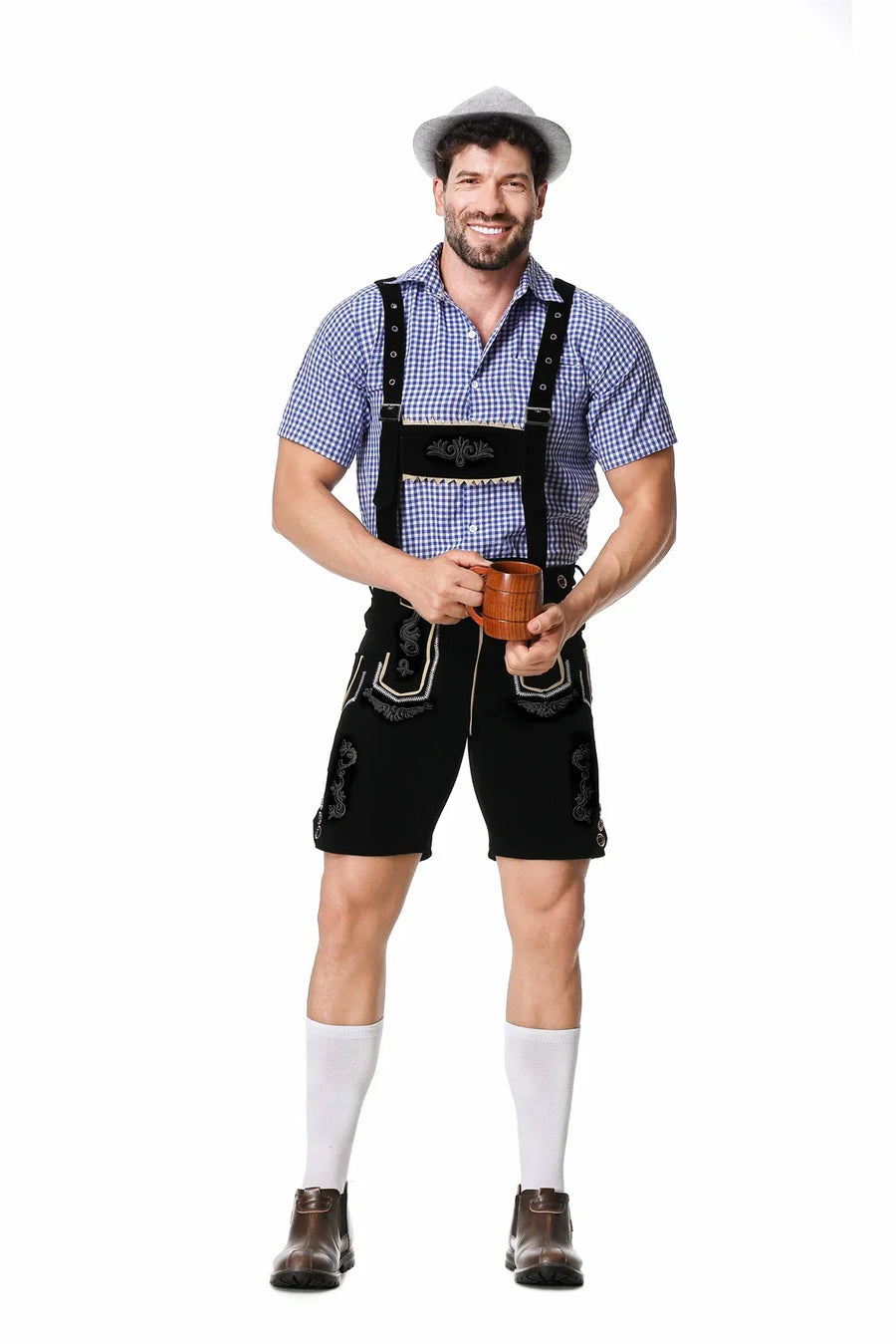 Costume da festa bavarese da uomo, camicia a quadri e pantaloncini Lederhosen