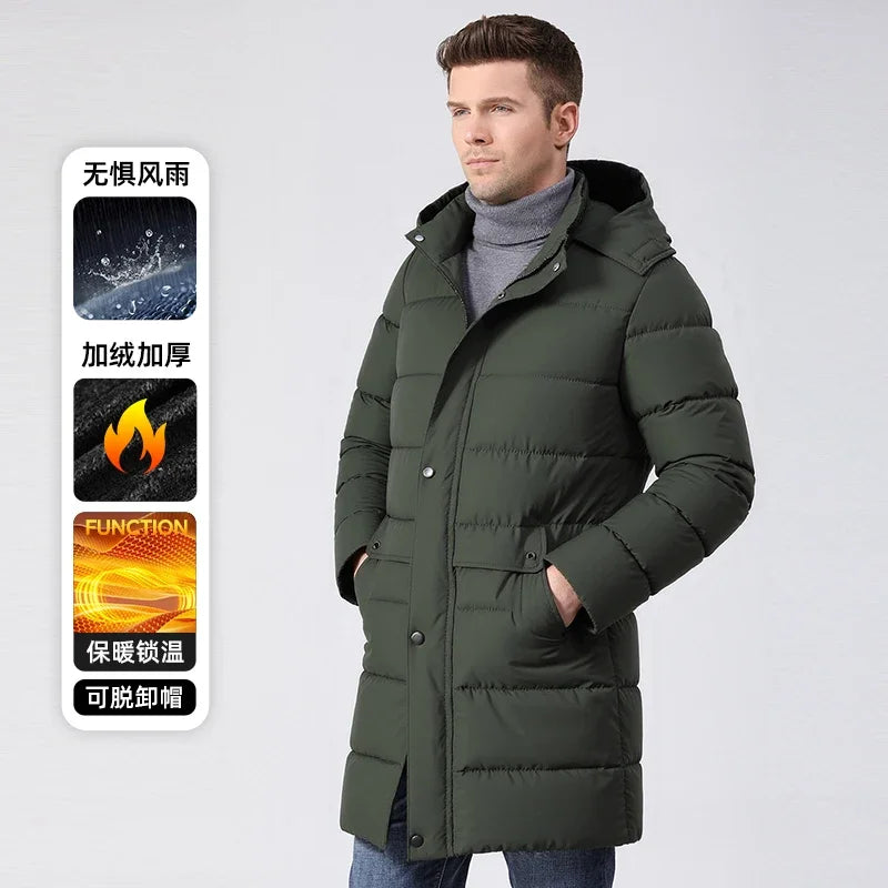 Abrigo largo acolchado de hombre con capucha desmontable, impermeable y cortavientos