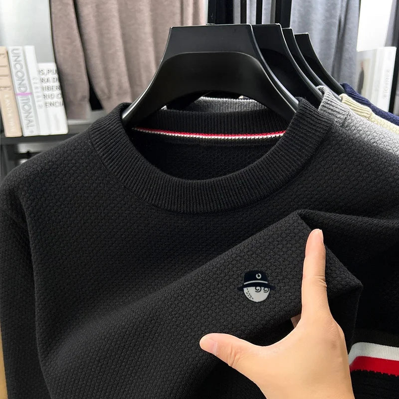 Men's Textured-Knit Crew-Neck Sweater with Side Stripe and Embroidered Motif