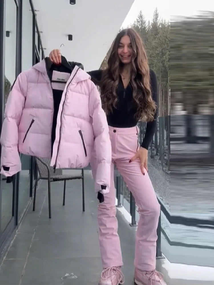Women's pink ski suit - cropped puffer jacket and slim pants with zippers