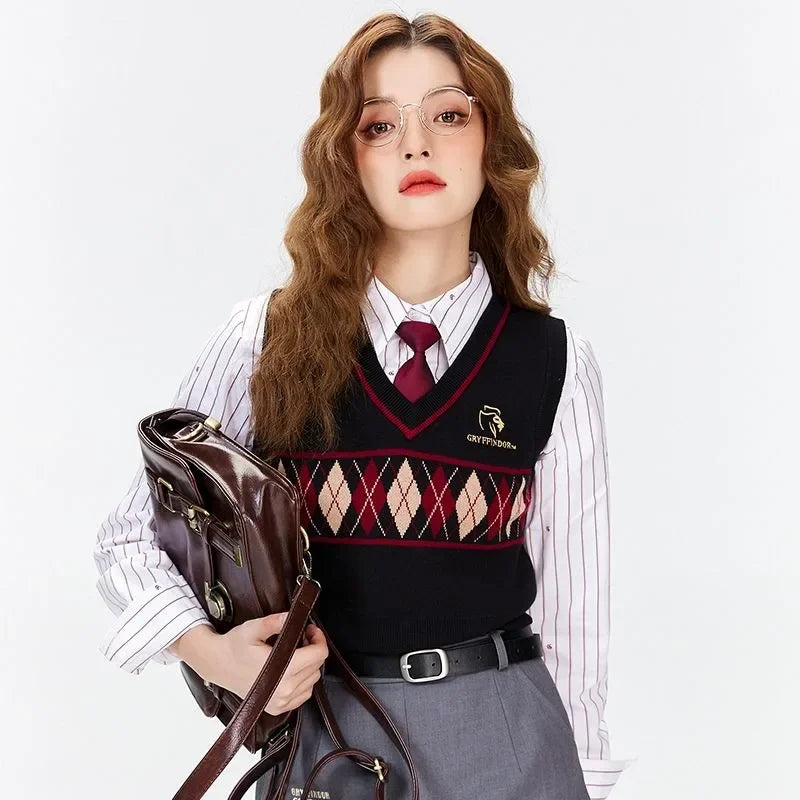Gilet sans manches tricoté col V à motif losanges style preppy pour femme