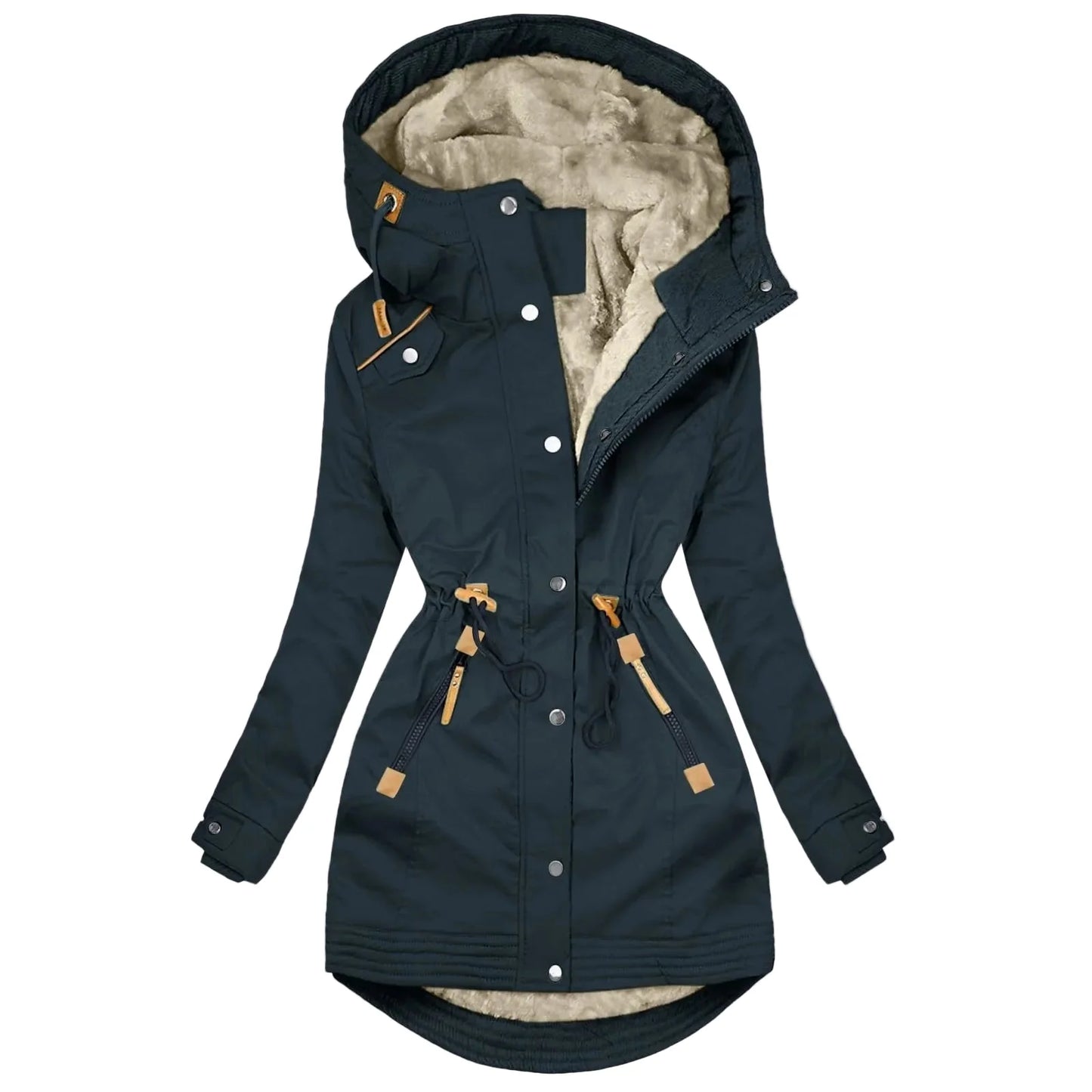 Chaqueta impermeable para mujer con capucha estilo trench, forro cálido, corte largo de moda, abrigo cortavientos urbano