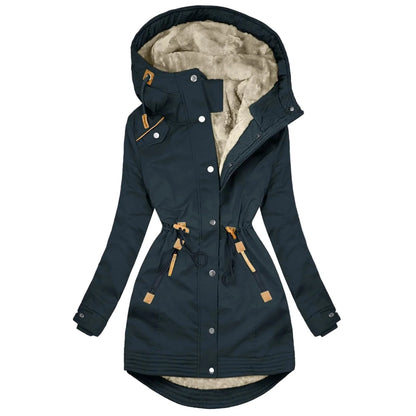 Chaqueta impermeable para mujer con capucha estilo trench, forro cálido, corte largo de moda, abrigo cortavientos urbano