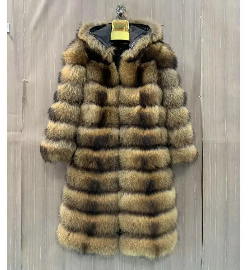 Manteau long à capuche aspect fourrure marron clair et foncé