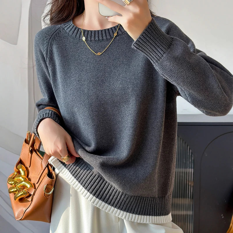 Pull femme col rond manches longues couleur unie ourlet contrastant tricot doux