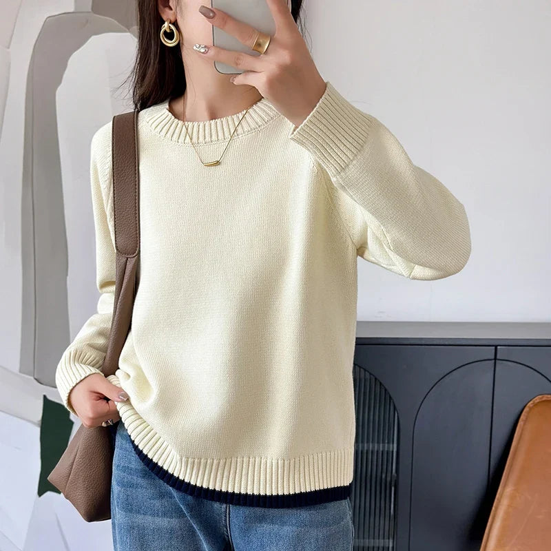 Pull femme col rond manches longues couleur unie ourlet contrastant tricot doux