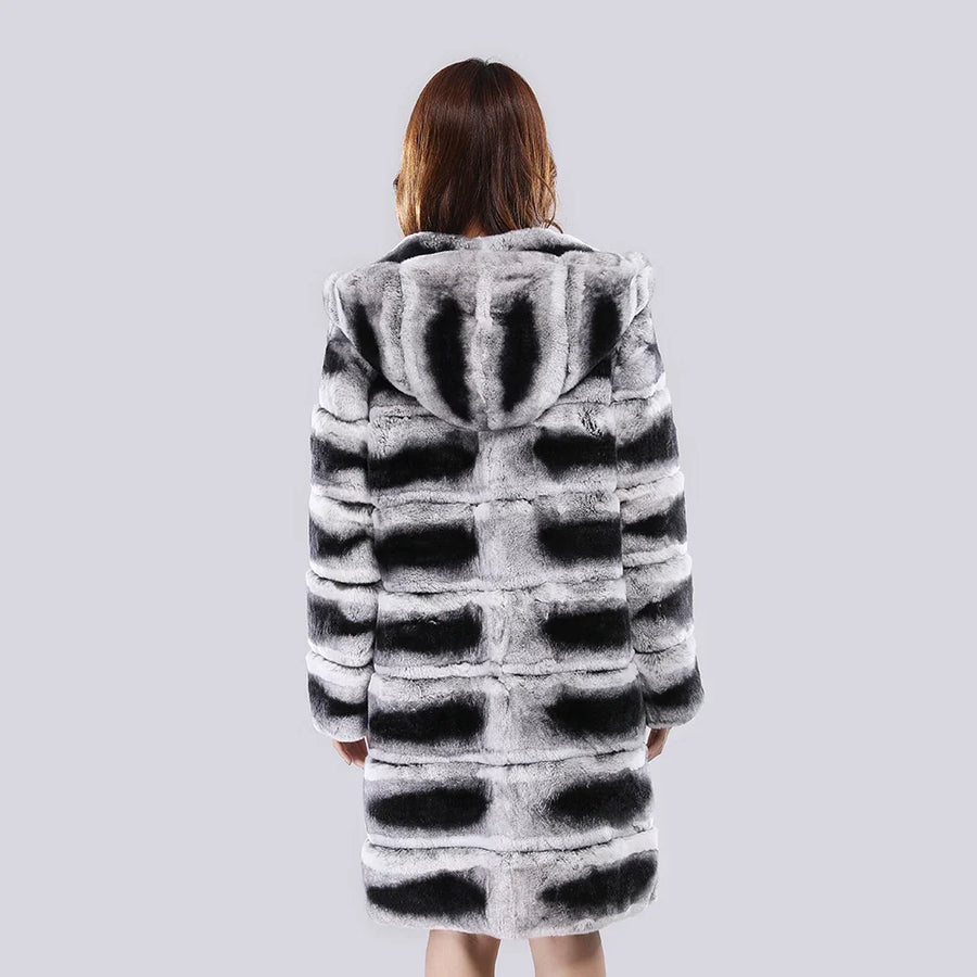 Manteau à capuche femme en fausse fourrure rayée noir et blanc