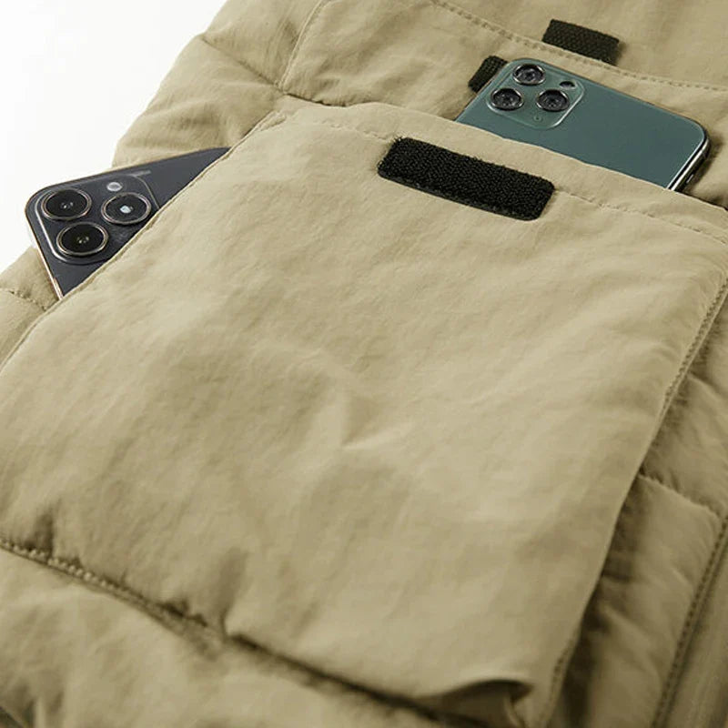 Gilet Doudoune Homme Chaud Col Montant Poches à Rabat Beige