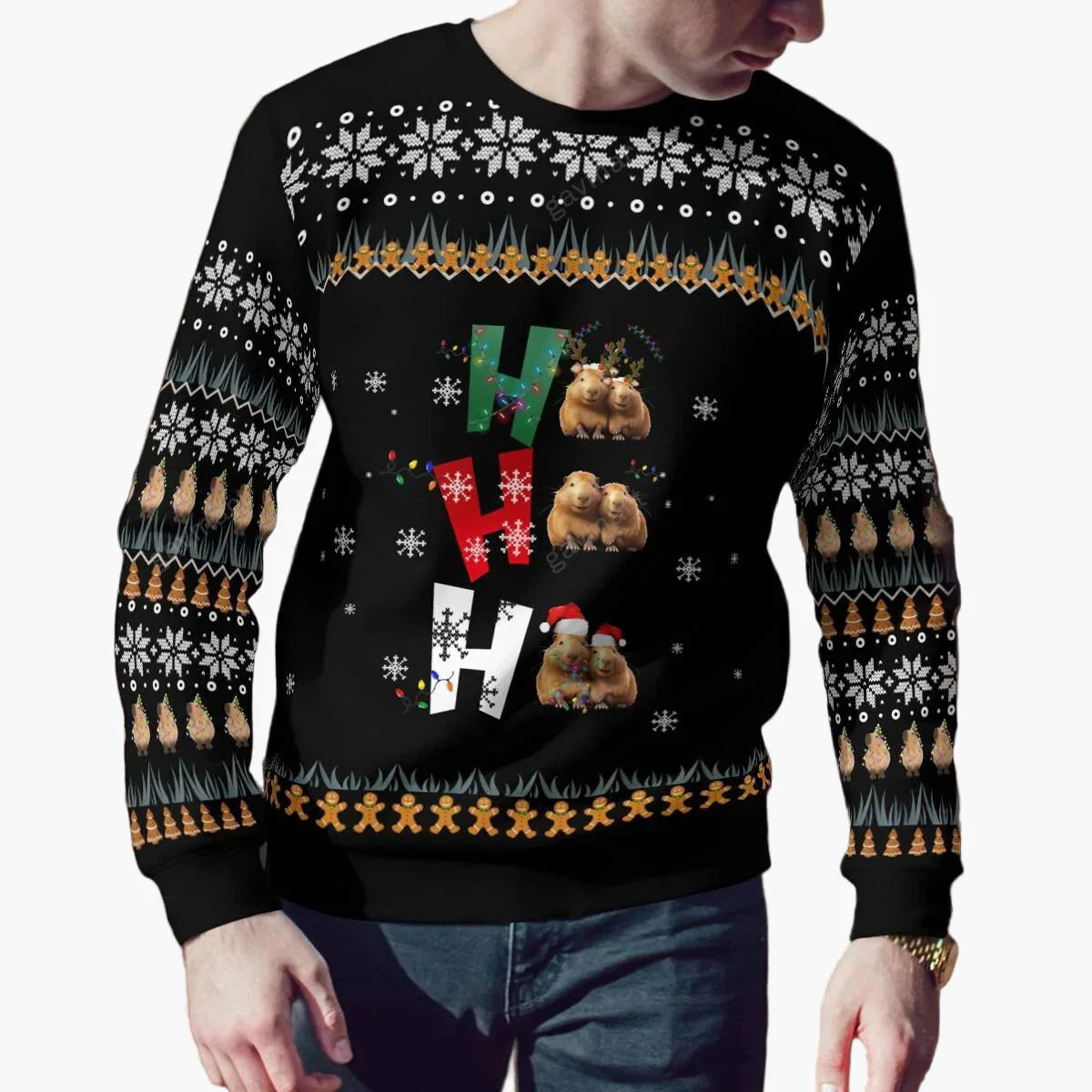 Jultröja för herrar med festligt kapybaramönster, vinterstil, originell tröja för jul och present