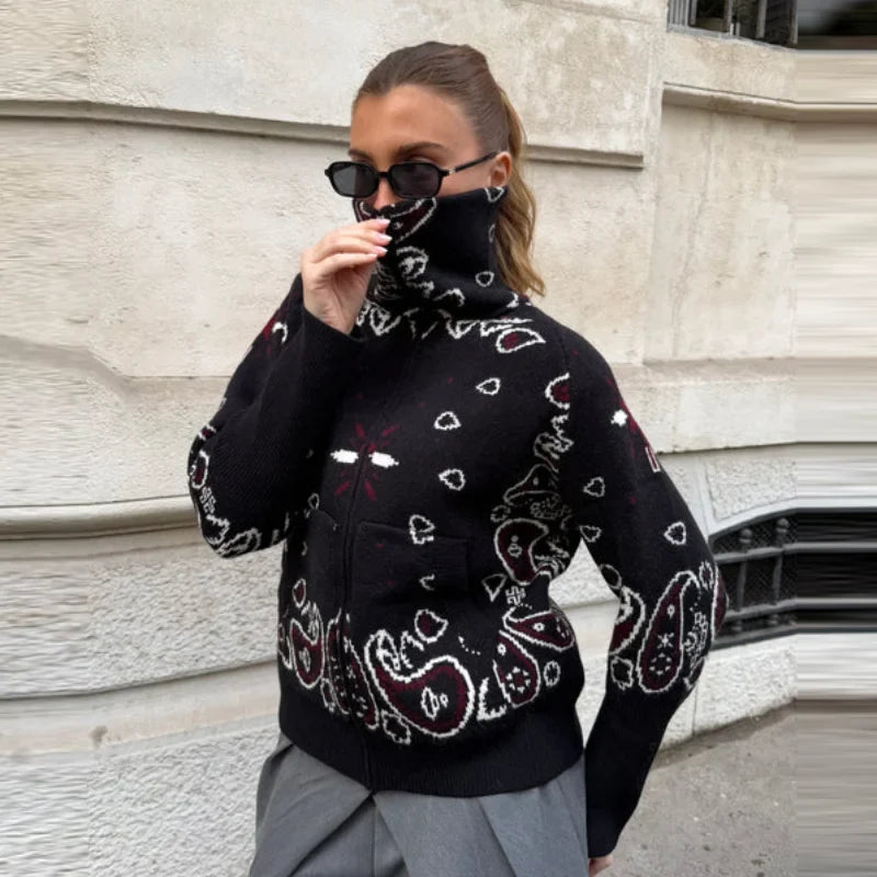 Women's Bandana-Print Zip-Up Jacket with a Stand Collar