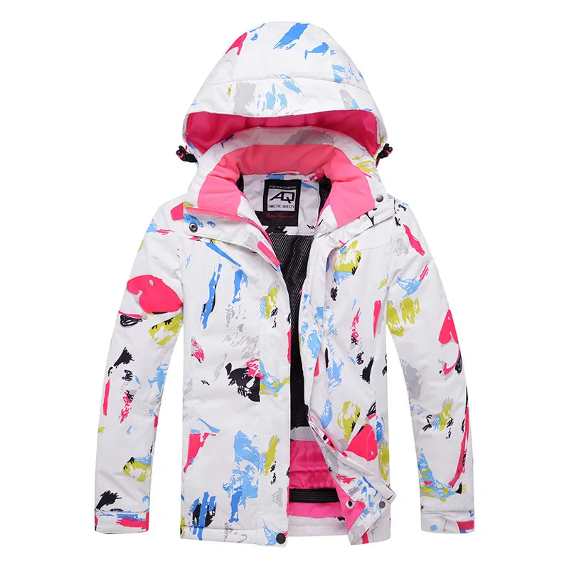 Veste de ski imperméable multicolore à capuche et motif abstrait pour sports d'hiver
