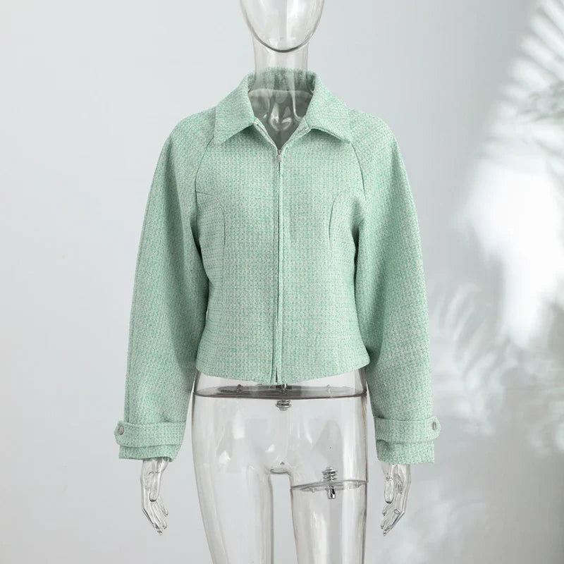 Giacca corta testurizzata da donna con collo verde menta