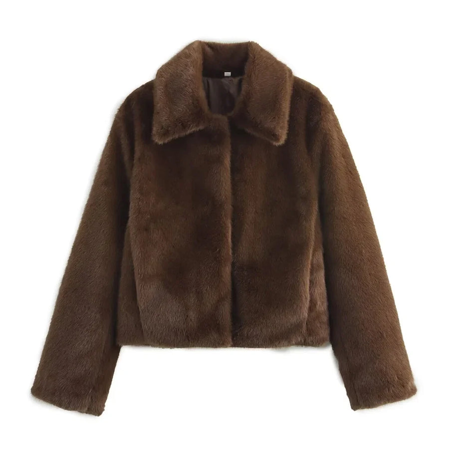 Chaqueta corta de piel sintética para mujer, cuello clásico y mangas largas