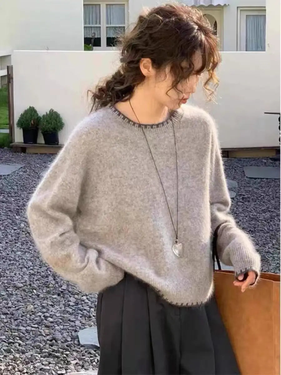 Jersey acogedor de cuello redondo y manga larga para mujer, gris claro