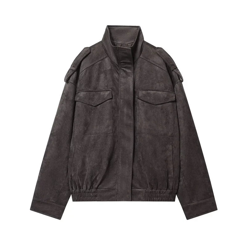 Blouson aviateur femme col montant suédine à poches Dark Blue, Kaki, Gris
