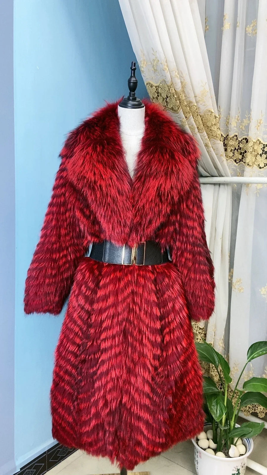 Manteau long pour femme en fausse fourrure à motif chevrons et col large