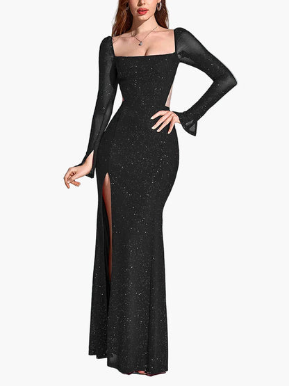 Robe de soirée élégante fendue à manches longues pour femme, style gala et événement