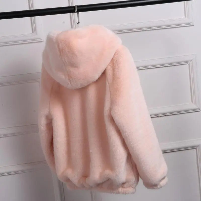 Women's Short Soft Faux Fur Hooded Jacket with Elasticized Waist