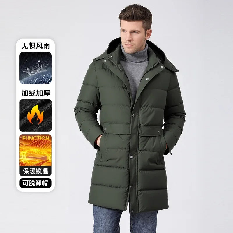 Abrigo largo acolchado de hombre con capucha desmontable, impermeable y cortavientos