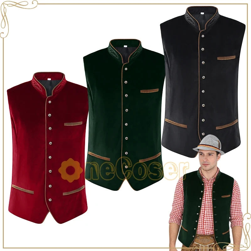 Gilet da uomo in stile tradizionale, collo alto ricamato, bottoni decorativi, nero, rosso o verde