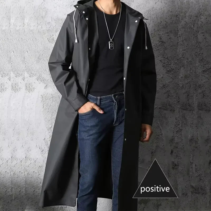 Imperméable Long Noir Unisexe avec Capuche et Boutons