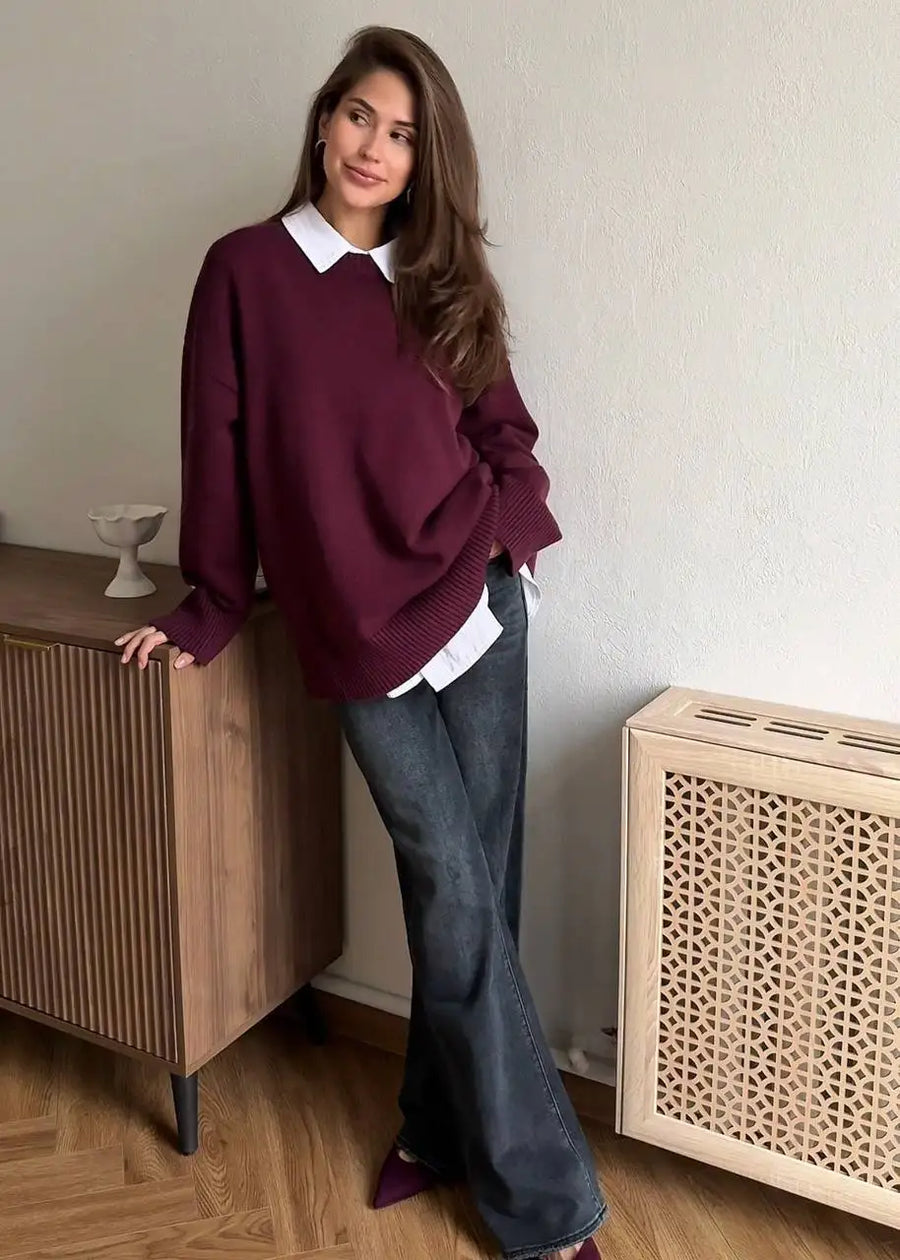 Jersey holgado de punto de canalé para mujer, con cuello redondo y color liso