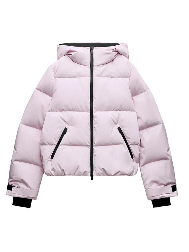 Women's pink ski suit - cropped puffer jacket and slim pants with zippers