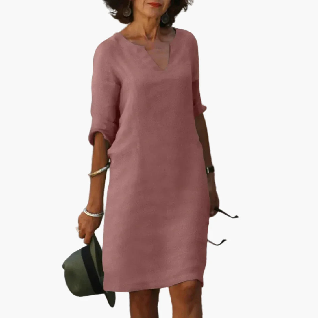 Robe Femme Élégante Décontractée à Col V et Manches 3/4 – Style Polyvalent pour Bureau et Loisirs