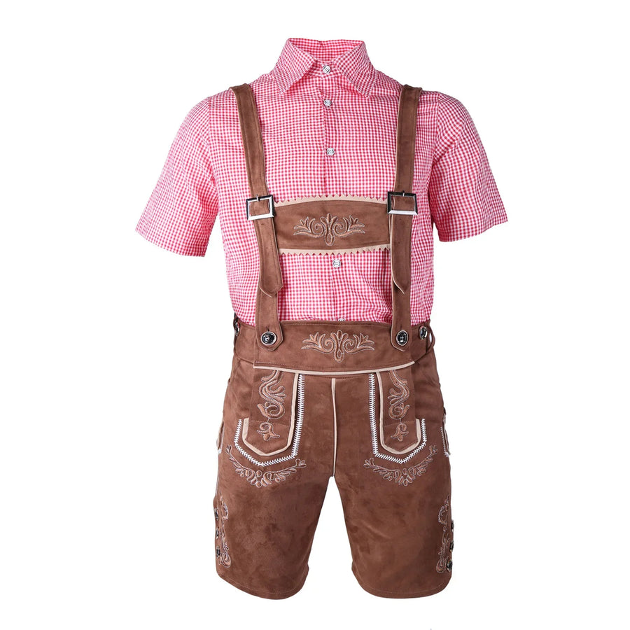 Costume da festa bavarese da uomo, camicia a quadri e pantaloncini Lederhosen