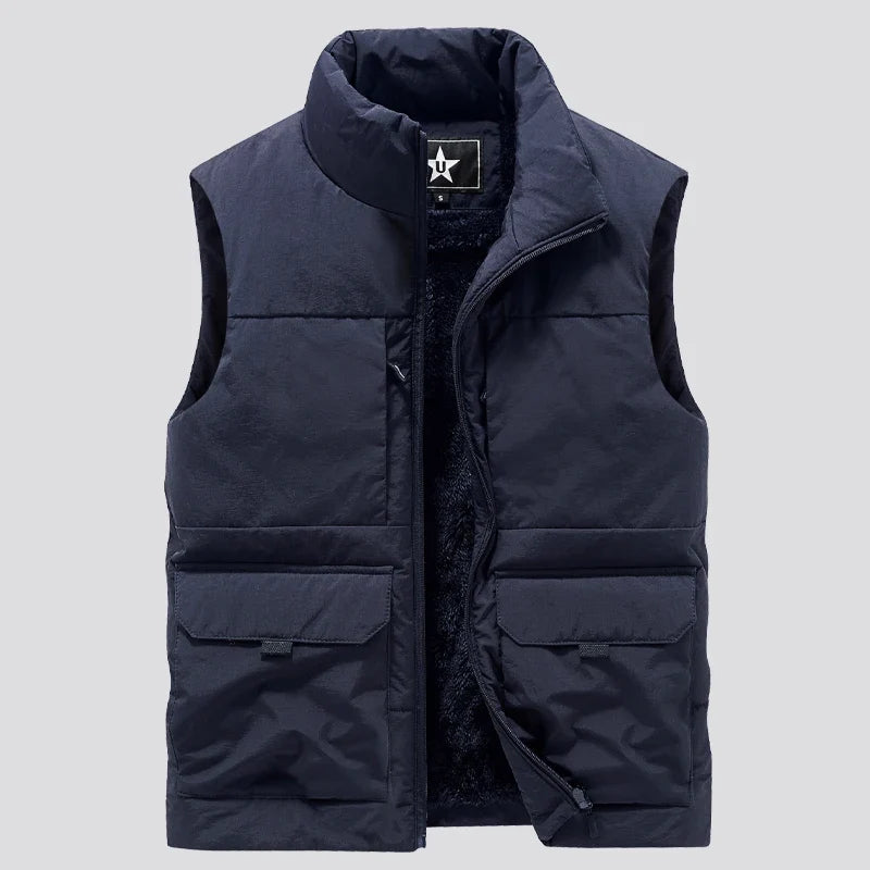 Gilet Doudoune Homme Chaud Col Montant Poches à Rabat Beige