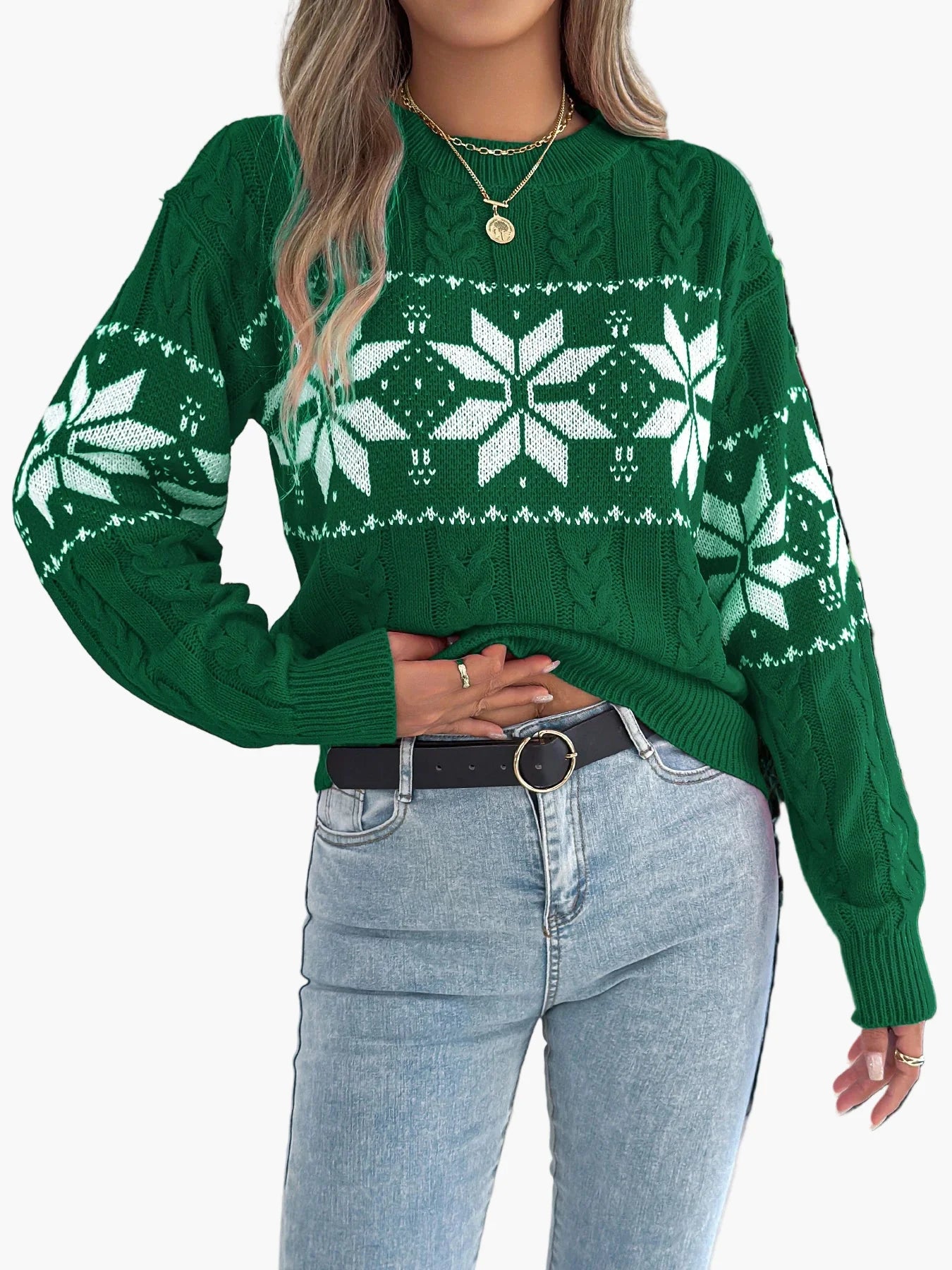 Damen Weihnachts-Pullover im nordischen Stil mit Schneeflockenmuster, ideal für Winter und Festtage