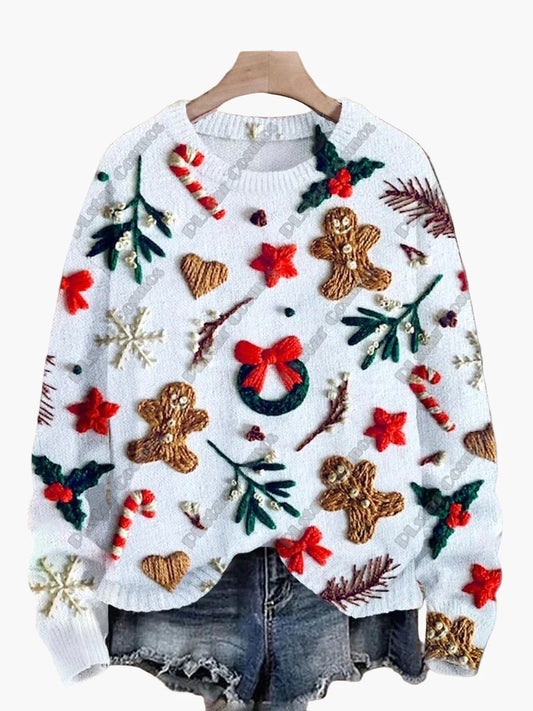 Broderad fantasijultröja för dam, avslappnad stil, perfekt för julfirandet