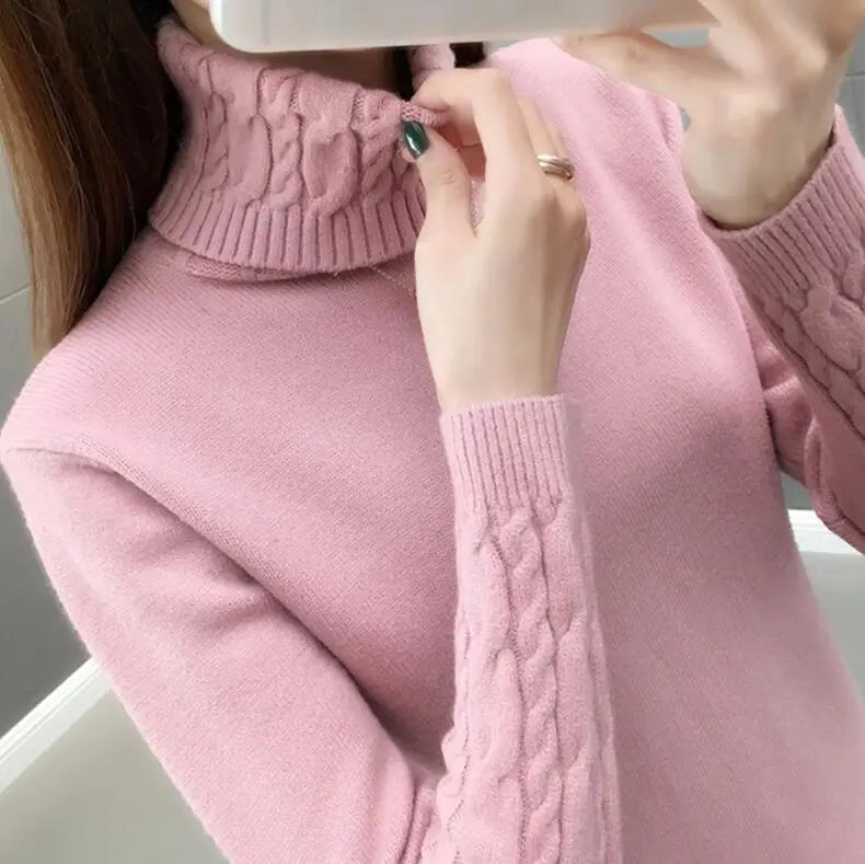 Women's light gray twisted ribbed-knit turtleneck sweater