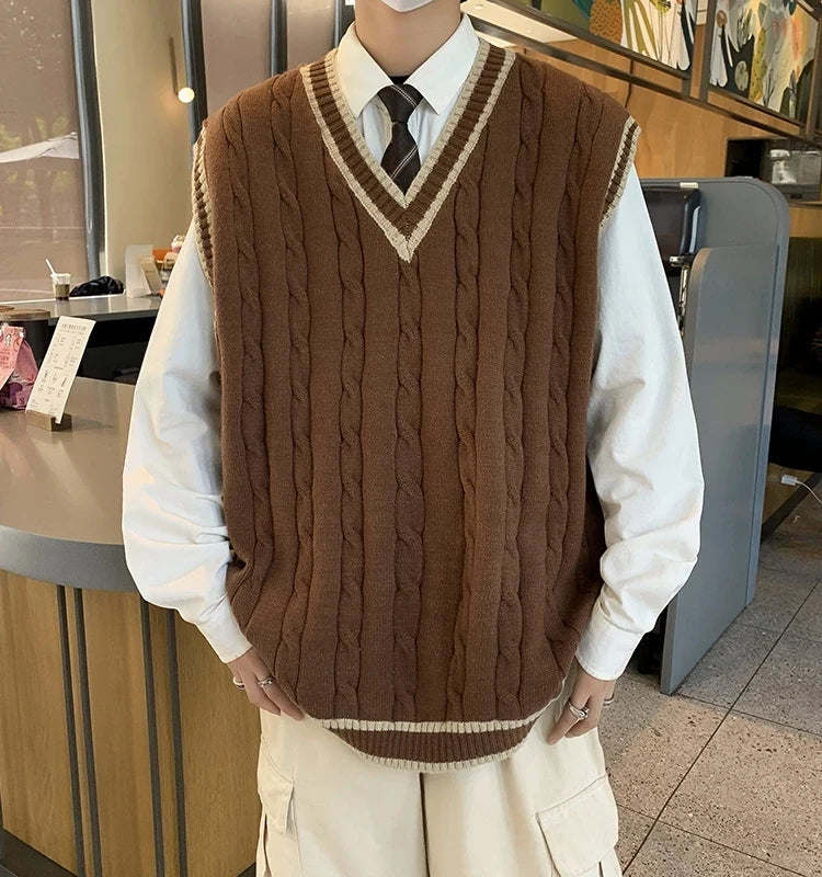 Gilet Pull Homme Sans Manches Col V Tricot Torsadé Rayures Contrastées
