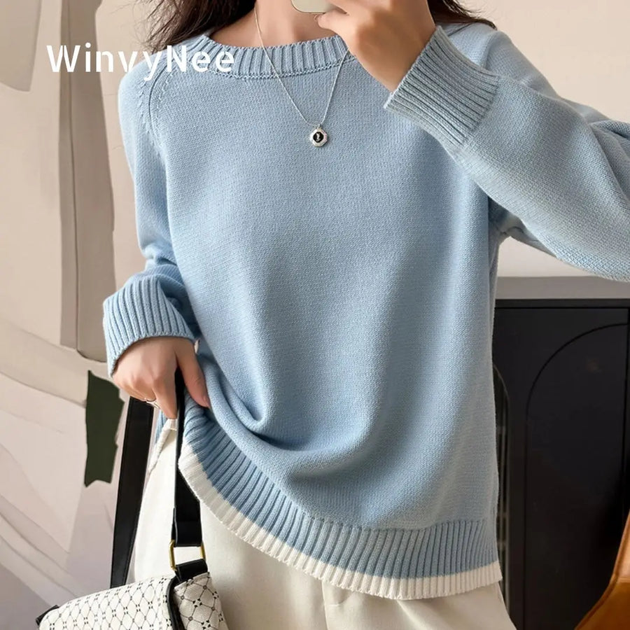 Pull femme col rond manches longues couleur unie ourlet contrastant tricot doux