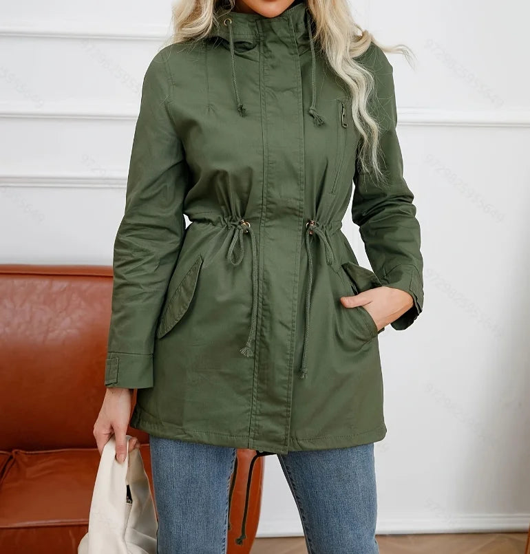 Veste imperméable femme avec capuche et cordon de serrage couleur unie